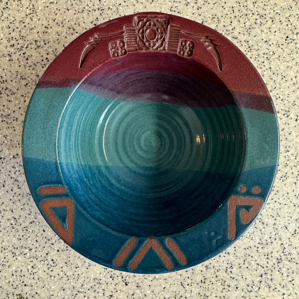 Vintage Handmade Signed Dana purple and blue Southwestern pottery bowl.